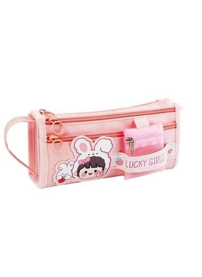 Cute Multi Layer Large Capacity Pencil Pouch || Multifunctional School Pencil Case With Mini Pocket || Lucky Girl Pencil Pouch For Girls & Boys (Pack Of 1) (Pink)