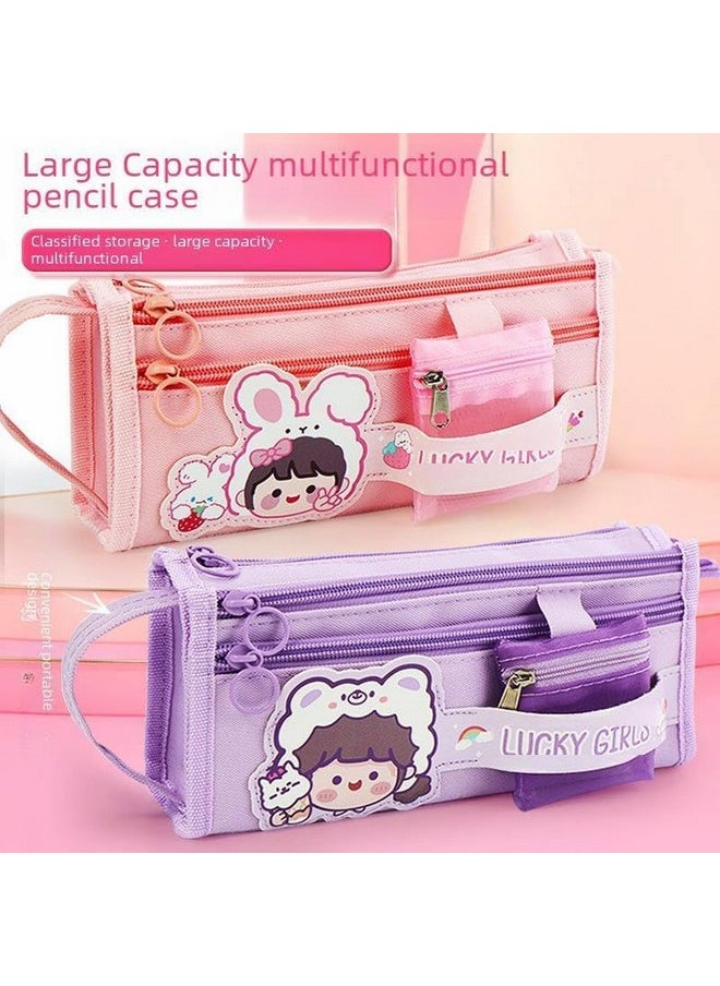 Cute Multi Layer Large Capacity Pencil Pouch || Multifunctional School Pencil Case With Mini Pocket || Lucky Girl Pencil Pouch For Girls & Boys (Pack Of 1) (Pink)