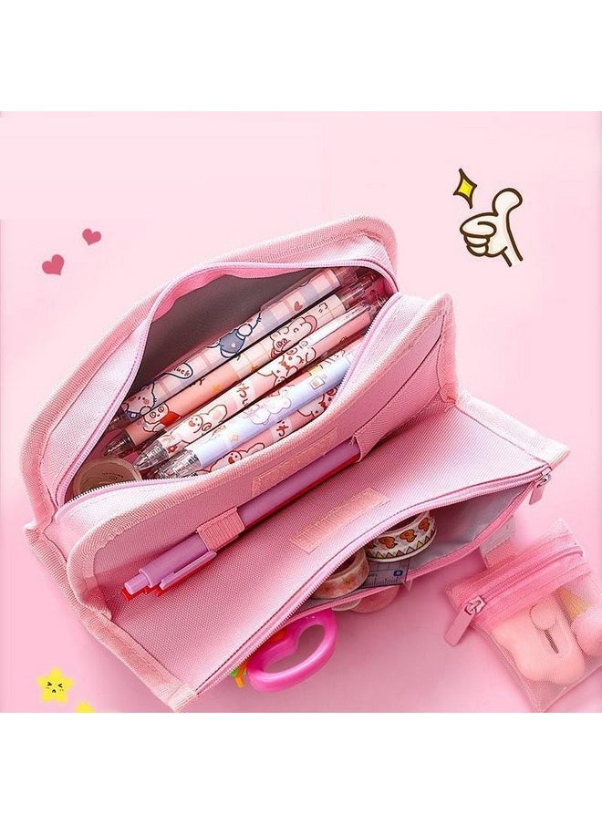 Cute Multi Layer Large Capacity Pencil Pouch || Multifunctional School Pencil Case With Mini Pocket || Lucky Girl Pencil Pouch For Girls & Boys (Pack Of 1) (Pink)