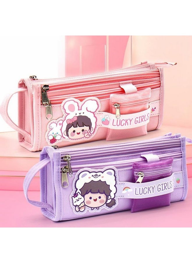 Cute Multi Layer Large Capacity Pencil Pouch || Multifunctional School Pencil Case With Mini Pocket || Lucky Girl Pencil Pouch For Girls & Boys (Pack Of 1) (Purple)