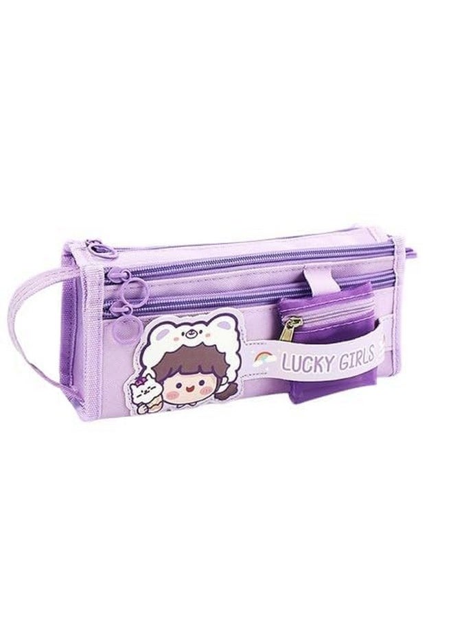 Cute Multi Layer Large Capacity Pencil Pouch || Multifunctional School Pencil Case With Mini Pocket || Lucky Girl Pencil Pouch For Girls & Boys (Pack Of 1) (Purple)