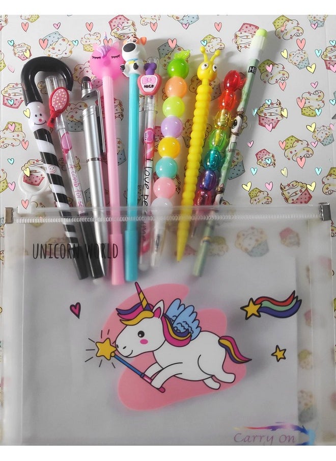 Pack Of 10 Cartoon Unicorn Mermaid Gel Pens Ball Pens&Mechanical Pencil Lead Pencil Set With Unicorn Small Folder Pouch Case For Girls Kids,Blue