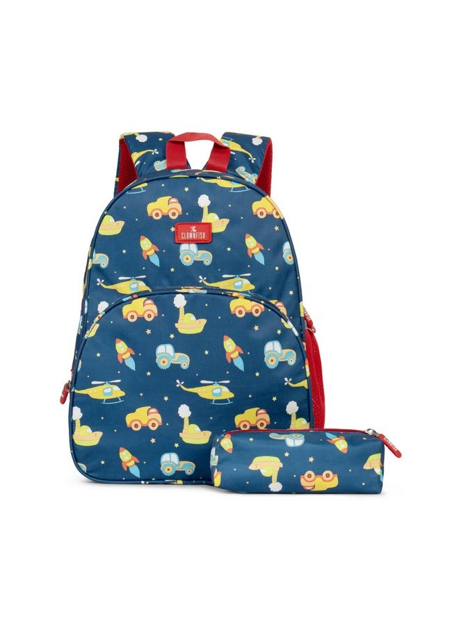 Cosmic Critters Series Printed Polyester 15 Litres Kids Backpack School Bag With Free Pencil Staionery Pouch Daypack Picnic Bag For Tiny Tots Of Age 5-7 Years (Blue - Helicopter)