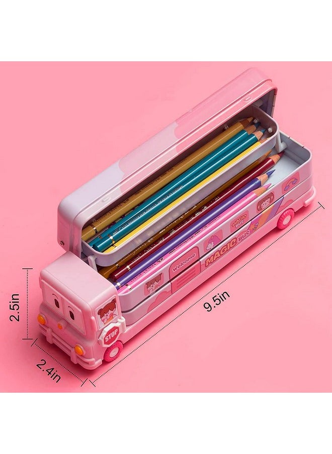 Bus Shape Pencil Box School Bus Metal Geometry Box For Kids Magic Bus With Moving Tyres With 3 Compartments Moving Tyre'S & Sharpener Geometry Case For Boys & Girls (Pink)