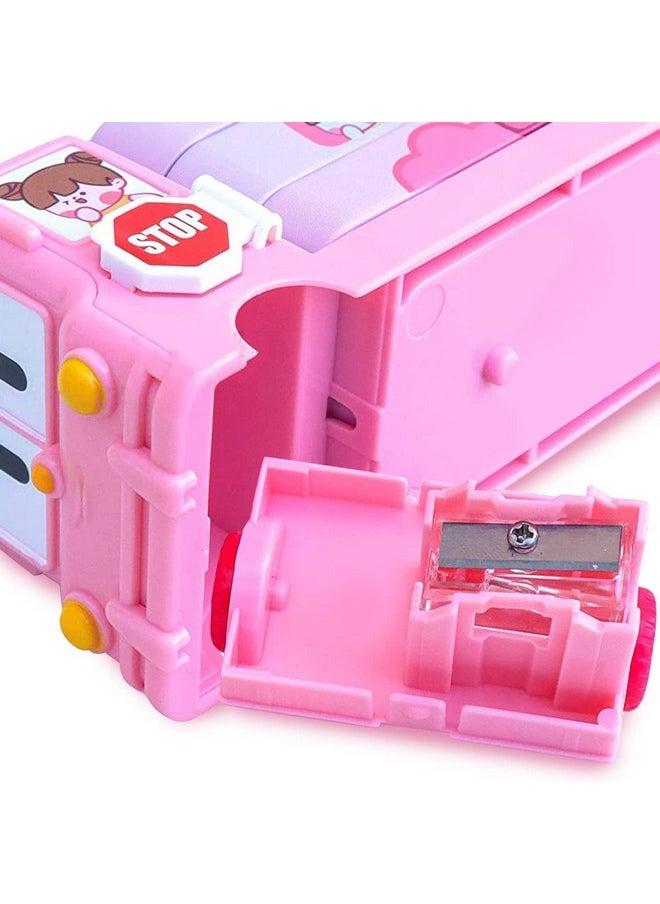 Bus Shape Pencil Box School Bus Metal Geometry Box For Kids Magic Bus With Moving Tyres With 3 Compartments Moving Tyre'S & Sharpener Geometry Case For Boys & Girls (Pink)