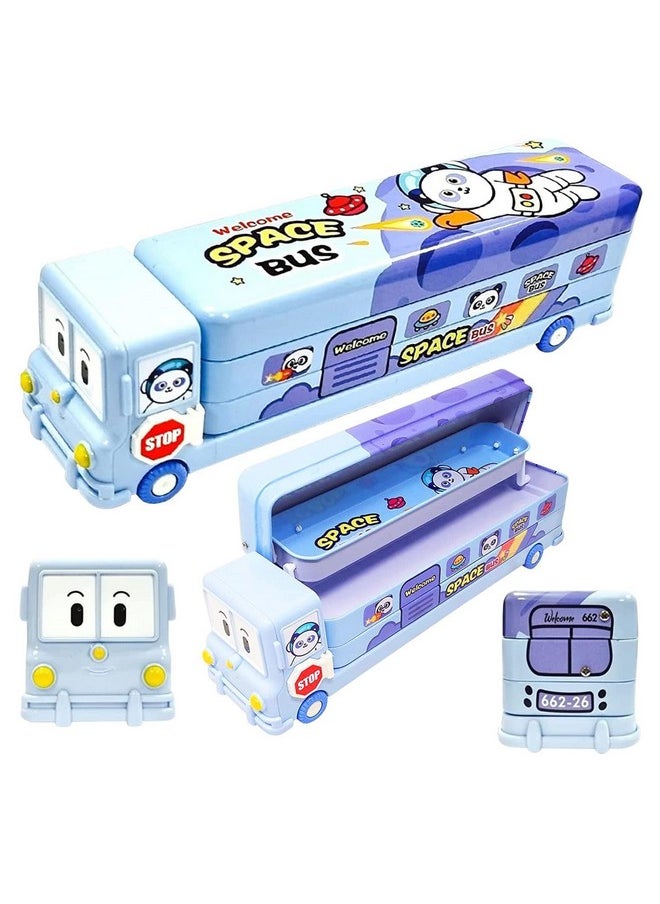 Bus Shape Pencil Box School Bus Metal Geometry Box For Kids Magic Bus With Moving Tyres With 3 Compartments Moving Tyre'S & Sharpener Geometry Case For Boys & Girls (Blue)