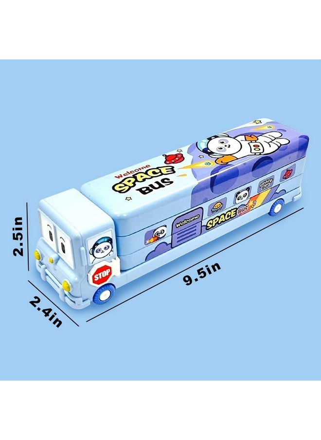 Bus Shape Pencil Box School Bus Metal Geometry Box For Kids Magic Bus With Moving Tyres With 3 Compartments Moving Tyre'S & Sharpener Geometry Case For Boys & Girls (Blue)