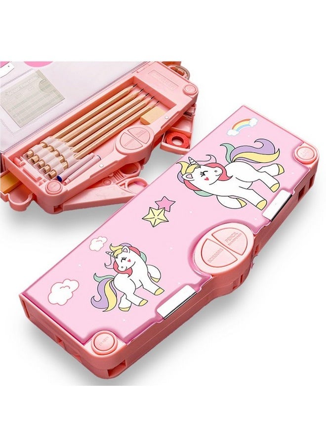 Unicorn Theme Magnetic Pencil Box Multifunctional Stationery For Girls, Magnetic Girls Pouch Return Gifts Kids (With Accessories, Plastic, Pink)