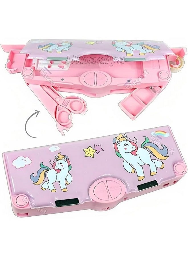 Unicorn Theme Magnetic Pencil Box Multifunctional Stationery For Girls, Magnetic Girls Pouch Return Gifts Kids (With Accessories, Plastic, Pink)