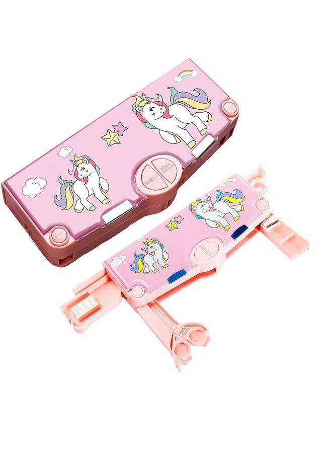 Unicorn Theme Magnetic Pencil Box Multifunctional Stationery For Girls, Magnetic Girls Pouch Return Gifts Kids (With Accessories, Plastic, Pink)