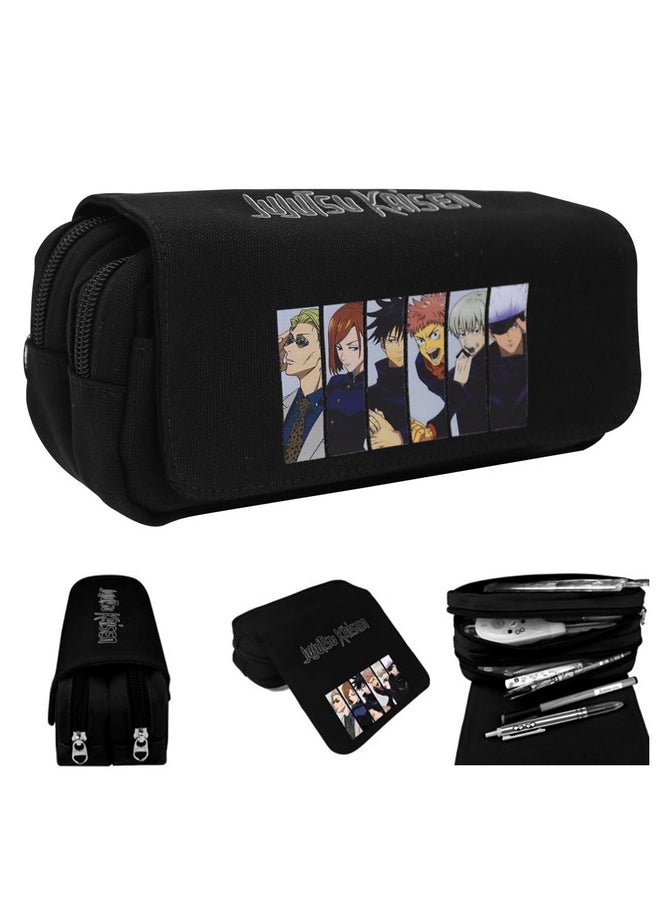 Jujutsu Kaisen Polyester Pencil Case, Anime Pencil Pouch, Cartoon Prints Pen Pouch, Large Capacity Pu Pencil Bag Stationery Organizer, Students Gift Children'S Day Gift School Gift (Black)