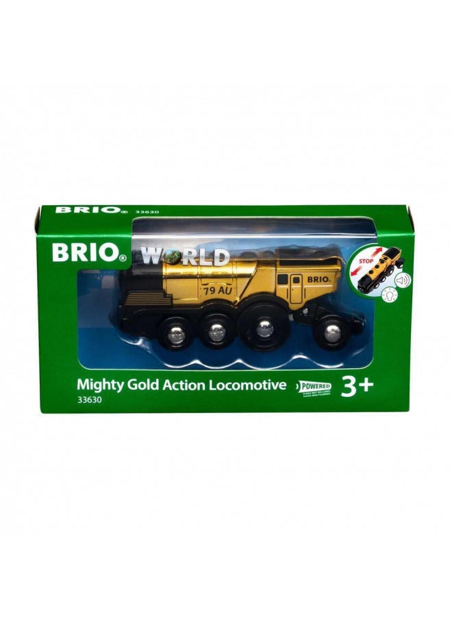 BRIO World 33630 Mighty Golden Action Locomotive | Battery Operated Toy Train with Light and Sound Effects for Kids Age 3 and Up