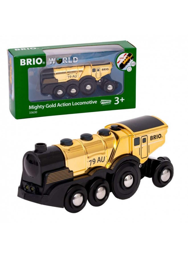 BRIO World 33630 Mighty Golden Action Locomotive | Battery Operated Toy Train with Light and Sound Effects for Kids Age 3 and Up