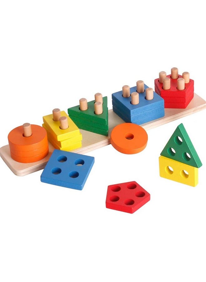 Wooden 20 Pc - 5 Shape Sorting & Stacking Sorter Toys Early Educational Geometric Blocks Puzzles For 1-3 Years Old Age Kids Boys And Girls (20 Pieces)