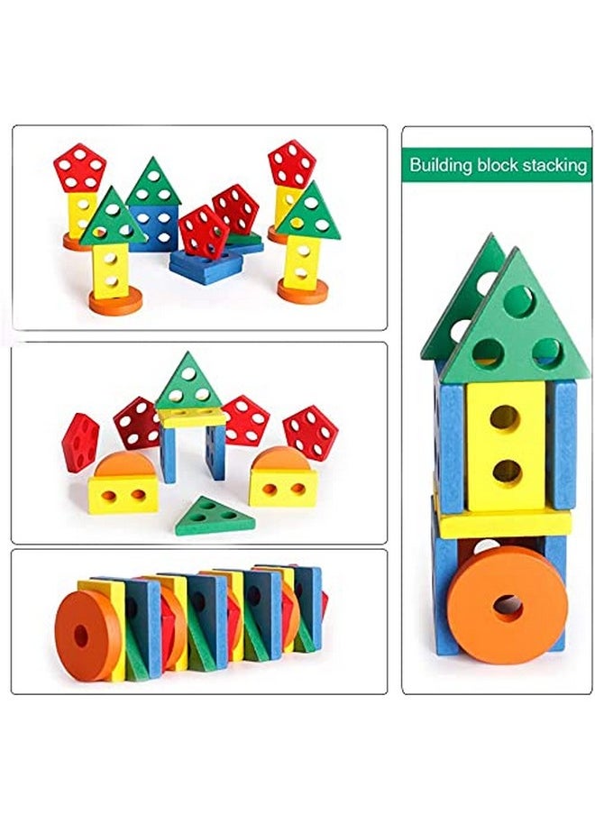 Wooden 20 Pc - 5 Shape Sorting & Stacking Sorter Toys Early Educational Geometric Blocks Puzzles For 1-3 Years Old Age Kids Boys And Girls (20 Pieces)