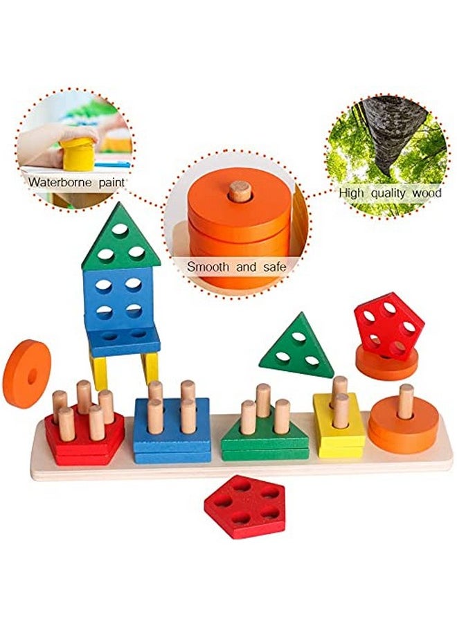 Wooden 20 Pc - 5 Shape Sorting & Stacking Sorter Toys Early Educational Geometric Blocks Puzzles For 1-3 Years Old Age Kids Boys And Girls (20 Pieces)