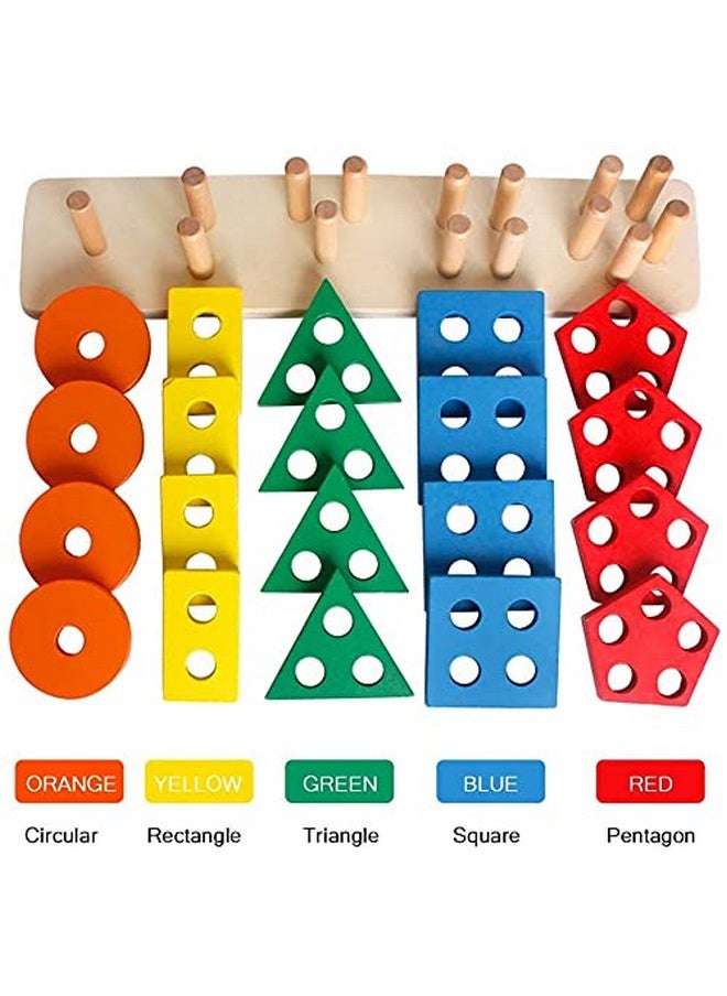 Wooden 20 Pc - 5 Shape Sorting & Stacking Sorter Toys Early Educational Geometric Blocks Puzzles For 1-3 Years Old Age Kids Boys And Girls (20 Pieces)