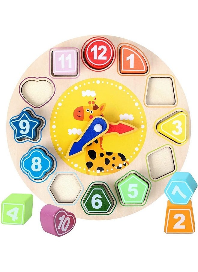 Wooden Shape Color Sorting Clock Teaching Time Number Blocks Stacking Sorter Simple Patterns Puzzle Montessori Early Learning Educational Toy Gift For 3 Year Old Toddler Baby Kids