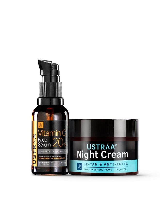 Bright Skin Combo - 20% Vitamin C Face Serum With Hyaluronic Acid 30Ml & Night Cream With Niacinamide 50G, Dermatologically Tested For Skin Brightening