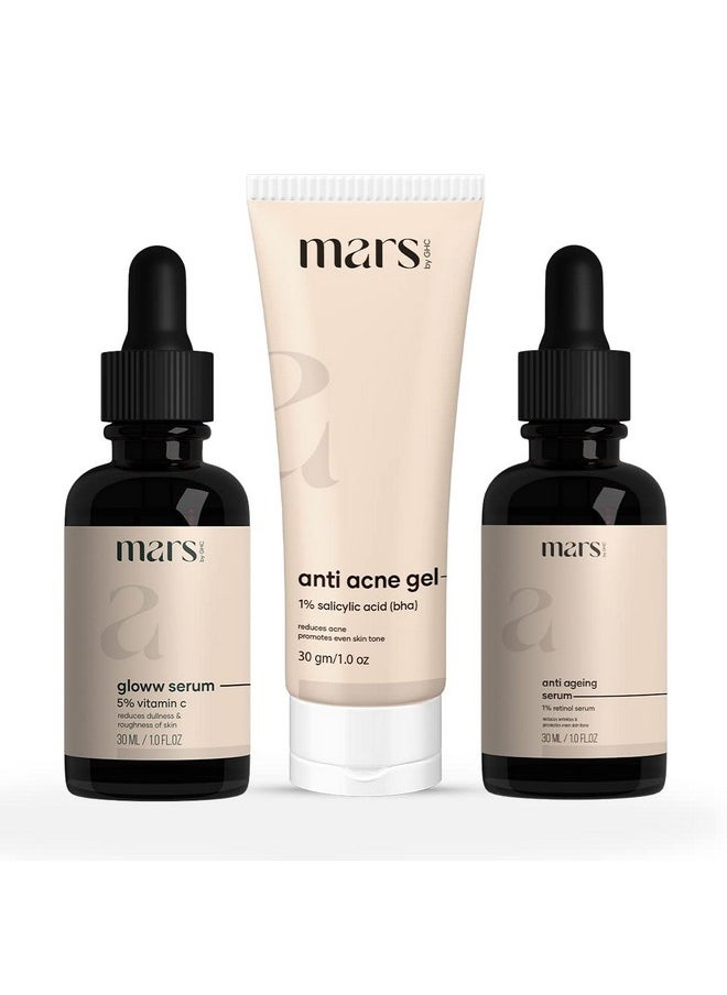 Skin Care Combo: Anti-Acne Gel, 5% Vitamin C Serum, And Anti-Aging Serum - Targets Fine Lines, Promotes Skin Glow, And Scar Removal - Chemical-Free, Sls-Free, Paraben-Free, 100% Vegan - Suitable For All Skin Types