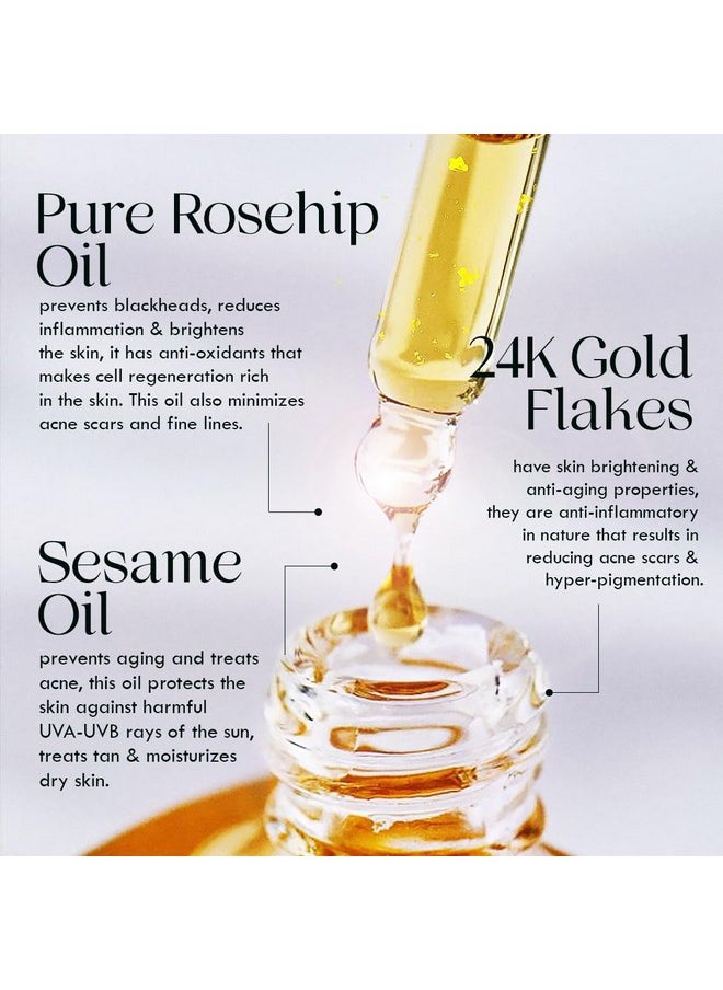 Auli 24K Gold Flakes With Pure Rosehip Facial Oil For Normal To Dry Skin Types | Prevents Aging And Hydrates Skin | Glowing And Radiant Skin | Facial Oil For Men And Women | Omg - 30Ml