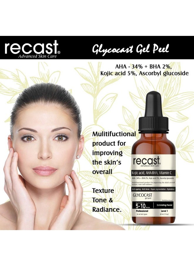 Kojic Acid 5%, Aha 34%, Bha 2%, Vitamin C Peeling Solution - Glycocast Gel Peel Formula - Anti Ageing | Acne | Pigmentation | Scarring - 30Ml