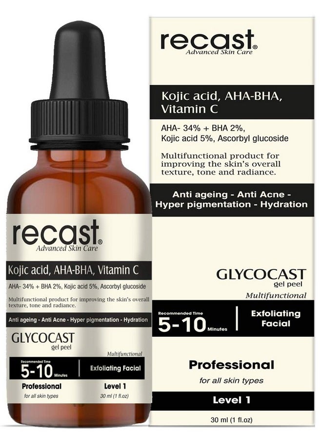 Kojic Acid 5%, Aha 34%, Bha 2%, Vitamin C Peeling Solution - Glycocast Gel Peel Formula - Anti Ageing | Acne | Pigmentation | Scarring - 30Ml