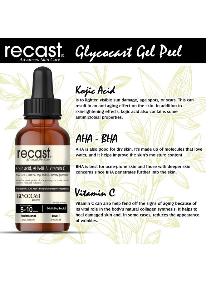 Kojic Acid 5%, Aha 34%, Bha 2%, Vitamin C Peeling Solution - Glycocast Gel Peel Formula - Anti Ageing | Acne | Pigmentation | Scarring - 30Ml