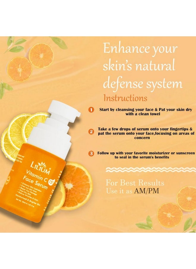 Face Serum 30Ml | Vitamin C 15% | Enhance Hydration | Even Out Skin Tone & Repair Sun Damage | Treat Dry Skin & Dark Spots | Reduce Wrinkles & Scars | Moisturized & Brighter Skin | 100% Vegan
