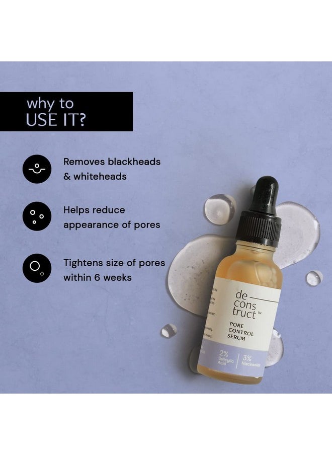 Pore Control Face Serum |2% Salicylic Acid 3% Niacinamide Serum For Acne, Acne Marks, Open Pores & Blackheads | Controls Oil | Beginner Friendly | 30Ml