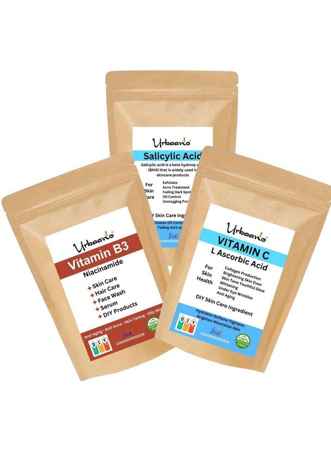 ® Niacinamide (Vitamin B3), Vitamin C (L-Ascorbic Acid) & Salicylic Acid Powder For Making Diy Skin Care Serum, Cream, Lotion & Facewash, Bright, Anti Aging & Youthful Glow