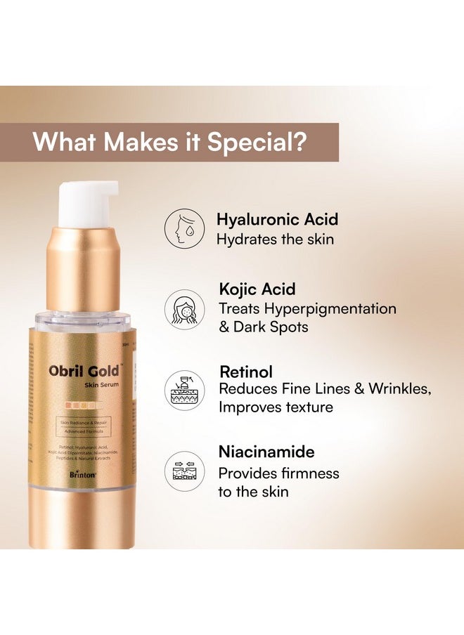 Obril Gold Skin Serum With Hyaluronic Acid, Retinol And Kojic Acid | Dermatologically Tested | All Skin Types | For Men And Women - 30Ml