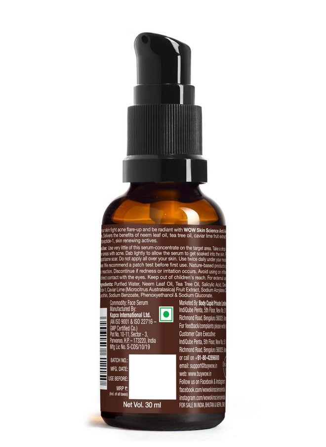 Anti Acne Face Serum | Natural Neem Leaf & Tea Tree Oil | Reduce Spots, Skin Repair, Pimple Free, Bright Skin | No Parabens | Face Serum For Women & Men | 30 Ml