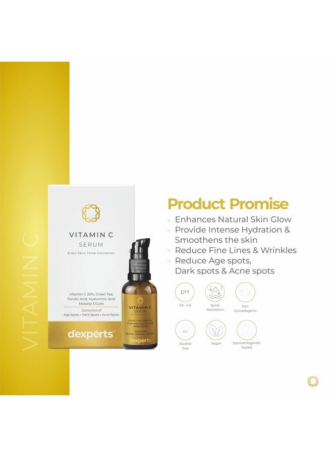 D'Experts Vitamin C Serum With Green Tea, Ferulic Acid, Hyaluronic Acid | Correction Of Age Spots, Dark Spots & Acne Spots | Reduces Fine Lines & Wrinkles | For All Skin Types 30Ml