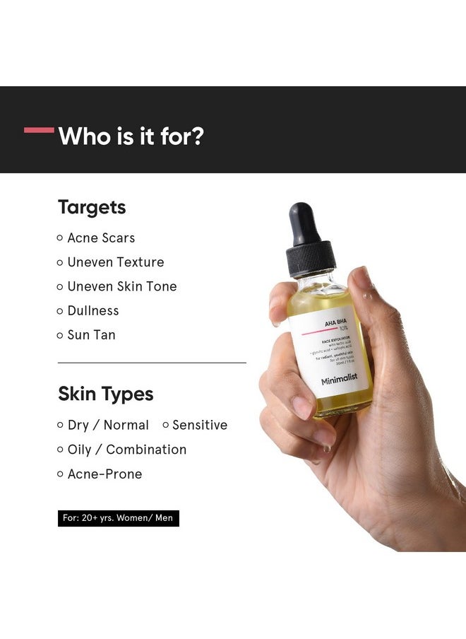 10% Aha Bha Exfoliating Serum For Beginners, Ahas (Lactic Acid & Glycolic Acid) & Bha (Salicylic Acid) Serum, 30Ml