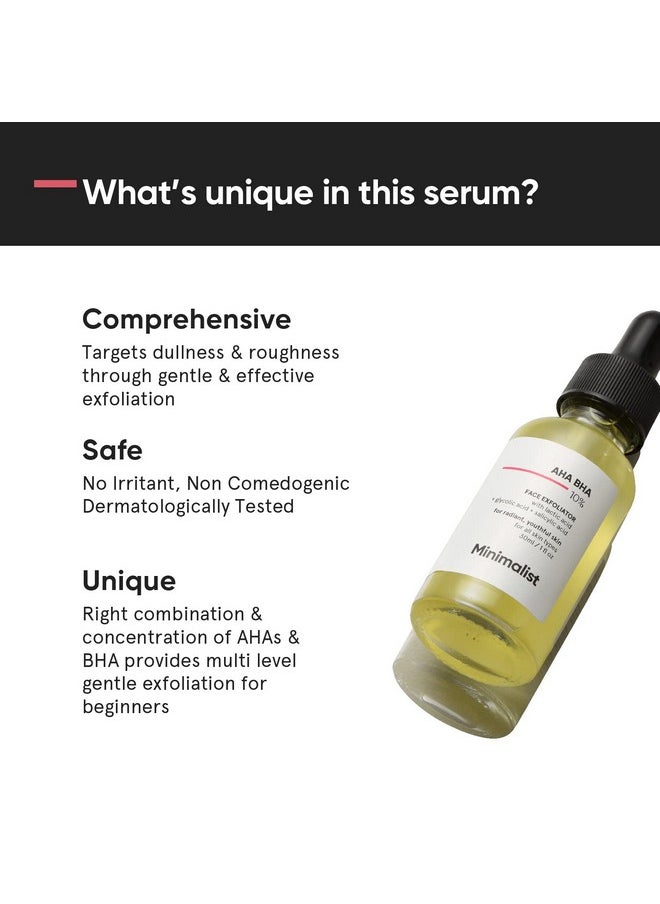10% Aha Bha Exfoliating Serum For Beginners, Ahas (Lactic Acid & Glycolic Acid) & Bha (Salicylic Acid) Serum, 30Ml
