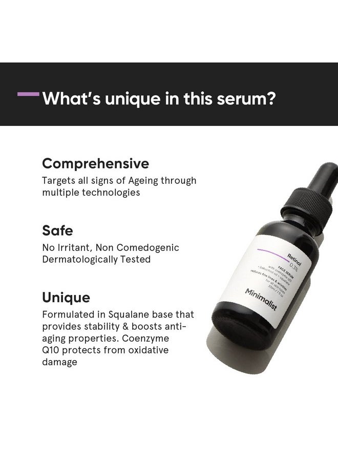 0.3% Retinol Face Serum For Anti Aging For Beginners | Night Face Serum With Retinol & Q10 To Reduce Fine Lines & Wrinkles | For Women & Men (30 Ml)