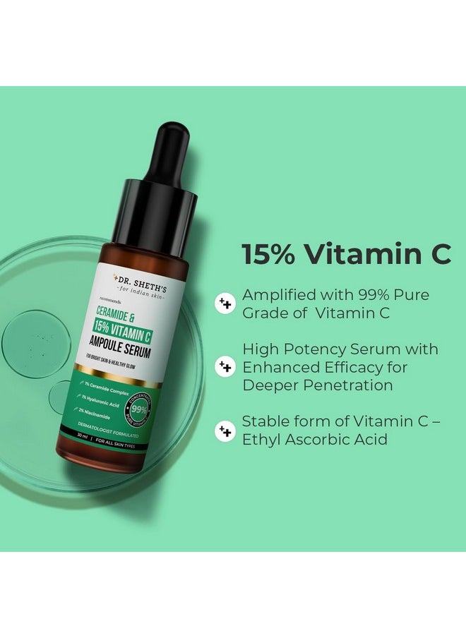 Ceramide & 15% Vitamin C Ampoule Serum | Advanced Formula | 99% Pure Grade Vitamin C | Bright & Glowing Skin | Barrier Repair |Reduces Dark Spots | Men & Women | All Skin Types | 30Ml