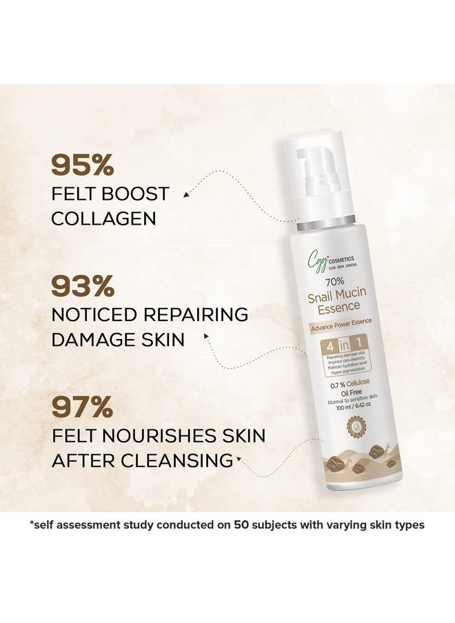 70% Snail Mucin Essence- 0.7% Cellulose, Oil Free, Collagen Booster, Barrier Repair For Men & Women- All Skin Types - 100Ml (Pack Of 2)