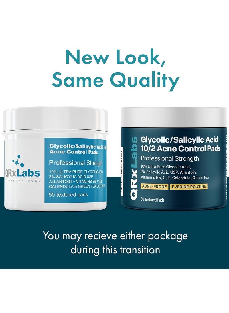 QRxLabs Glycolic/Salicylic Acid 10/2 Acne Control Pads w/ 10% Ultra Pure Glycolic Acid + 2% Salicylic Acid, Allantoin, Vitamin B5, C & E, Calendula & Green Tea - Acne Treatment for Face for Clear Skin