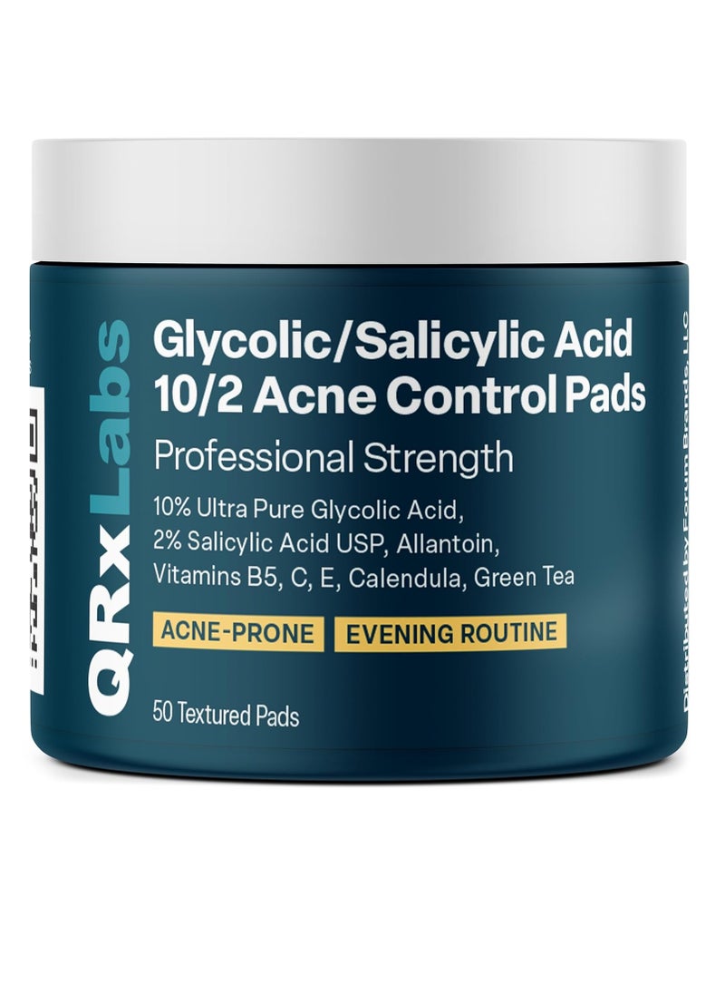 QRxLabs Glycolic/Salicylic Acid 10/2 Acne Control Pads w/ 10% Ultra Pure Glycolic Acid + 2% Salicylic Acid, Allantoin, Vitamin B5, C & E, Calendula & Green Tea - Acne Treatment for Face for Clear Skin