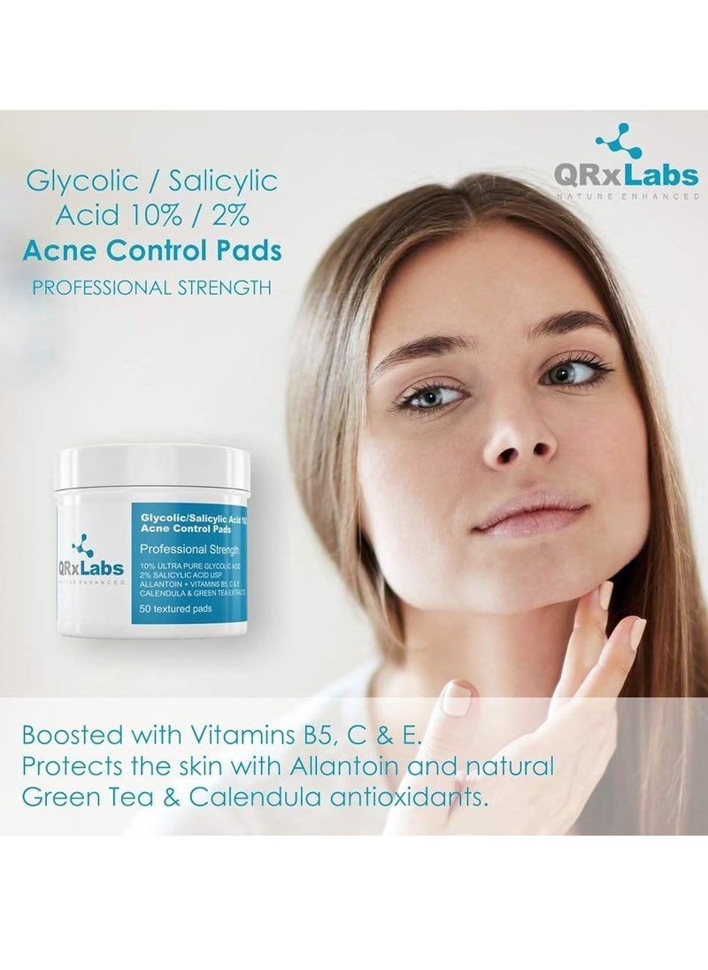 QRxLabs Glycolic/Salicylic Acid 10/2 Acne Control Pads w/ 10% Ultra Pure Glycolic Acid + 2% Salicylic Acid, Allantoin, Vitamin B5, C & E, Calendula & Green Tea - Acne Treatment for Face for Clear Skin