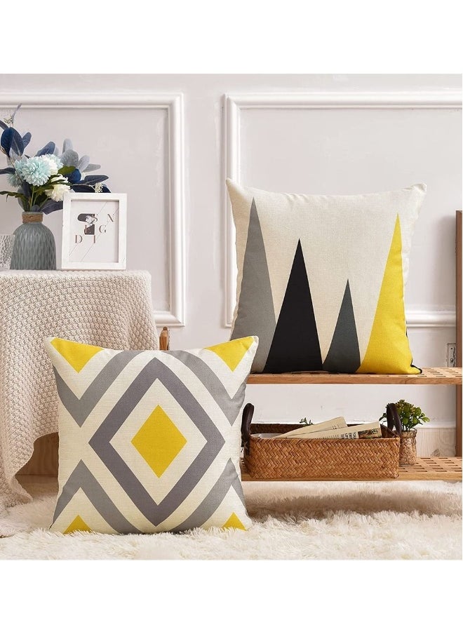 4 Pcs Pillow Covers Decorative Geometric Yellow Grey Modern Pattern Cotton Polyester Square Pillow Cushion Case 18 x 18 Inches