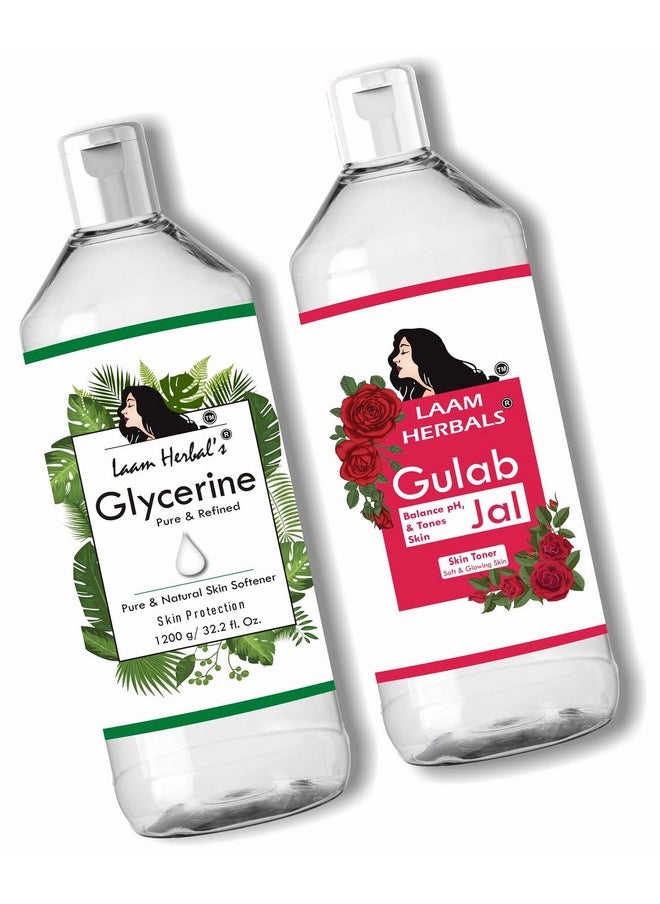Herbals Rose Water & Refined Glycerine | Steam Distilled | Pure & Natural | Skin Softner, Balance Ph, Skin Toner (2X500 Ml+2X600 G)