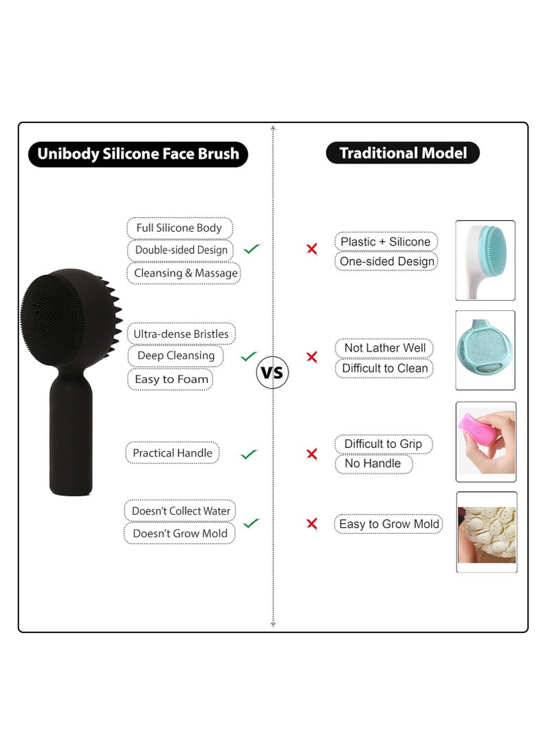 Silicone Facial Cleansing Brush 2 in 1 Silicone Facial Scrubber Manual Exfoliating Facial Brush Face Cleanser Face Exfoliator Ultrafine Bristles for Sensitive Skin Easy to Clean Lather Well (Black)