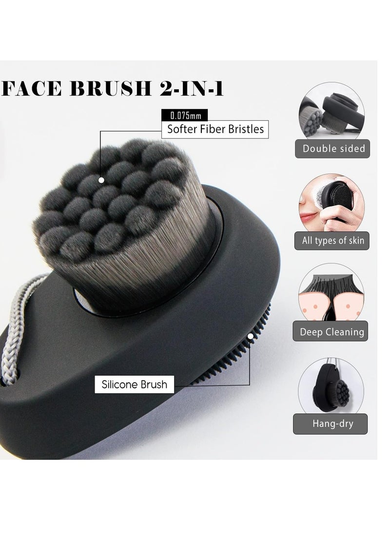2 Pack Facial Cleansing Brushes, Face Brush with 2-in-1 for Deep Pore Cleansing and Exfoliation, Silicone Scrubber & Soft Bristle Sides (Black & Black)