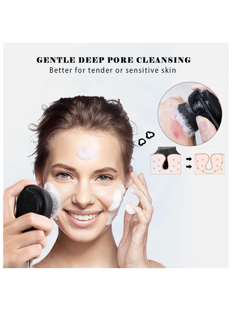 2 Pack Facial Cleansing Brushes, Face Brush with 2-in-1 for Deep Pore Cleansing and Exfoliation, Silicone Scrubber & Soft Bristle Sides (Black & Black)