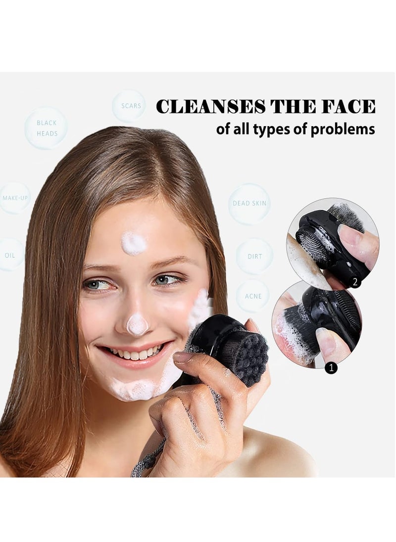 2 Pack Facial Cleansing Brushes, Face Brush with 2-in-1 for Deep Pore Cleansing and Exfoliation, Silicone Scrubber & Soft Bristle Sides (Black & Black)