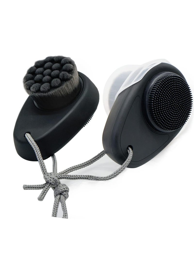 2 Pack Facial Cleansing Brushes, Face Brush with 2-in-1 for Deep Pore Cleansing and Exfoliation, Silicone Scrubber & Soft Bristle Sides (Black & Black)
