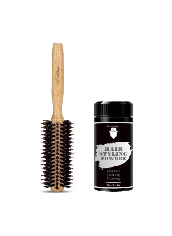 Hair Volumizing Powder Wax For Strong Hold With Wooden Boar & Nylon Bristle Hair Brush For Blow Brying, Volume, Styling, Curling, And Straightening